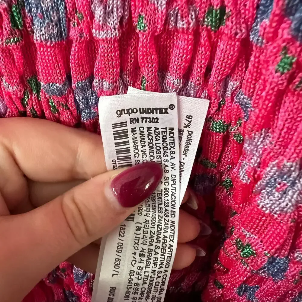 ZARA Knit Pink Floral Ruched Body Con Mini Dress Size Large - Picture 6 of 7